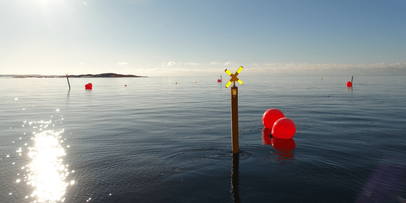 Sun glinting off serene ocean with land in distance and kelp farm structures in the foreground